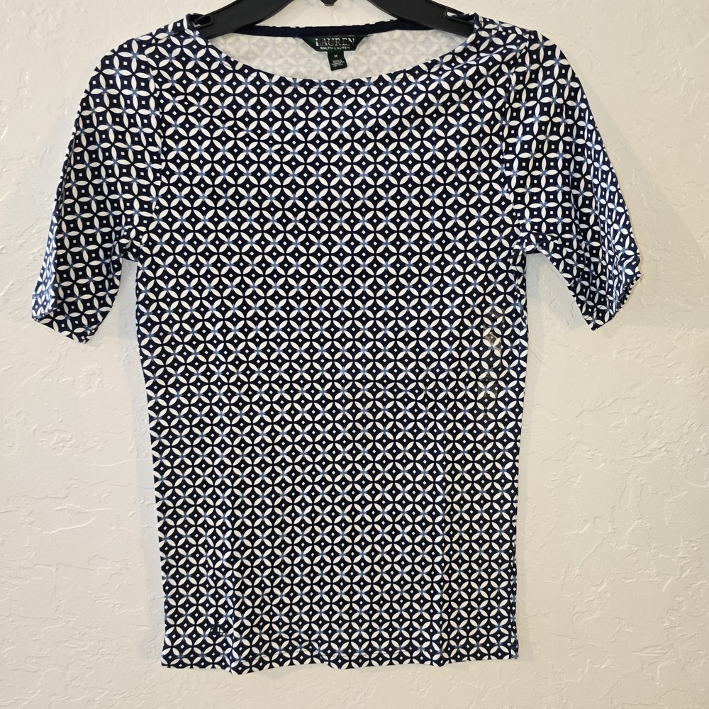 NEW Lauren Ralph Lauren Blue Geometrical Print Short Sleeve Top Small